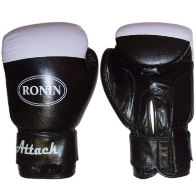 Перчатки 12 унц боксерские Ronin Attack черно-белые, боевая кожа, пр-во Пакистан Y716(12) 