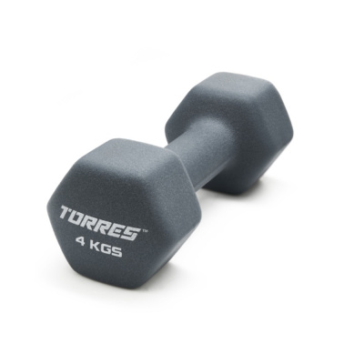 Гантель TORRES 4 кг, PL522504, металл в неопреновой оболочке, форма шестигранник, серый