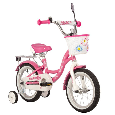 Велосипед NOVATRACK 16" BUTTERFLY розовый, тормоз нож, крылья и багаж хром, корз, полн защ.цеп 