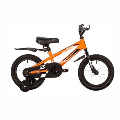 Велосипед NOVATRACK 14", JUSTER,  оранжевый, тормоз ножной, полная защита  цепи, чёрные крылья 