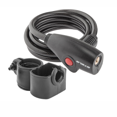 Трос-замок спиральный 87109, трос 8х1500 мм, замок К3 с ключами, с креплением на велосипед HL027,цве