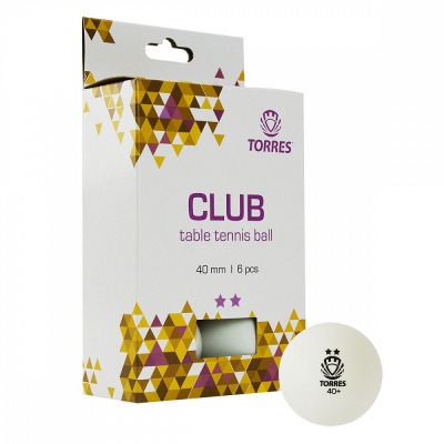 Мяч для наст. тенниса TORRES Club 2*, арт. TT21014, диам. 40+мм, упак. 6 шт, белый